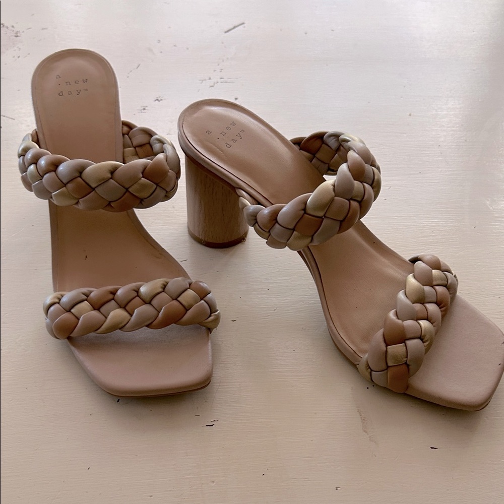 A New Day, multi pastel sandals, round chunky heel, braided, 9.5